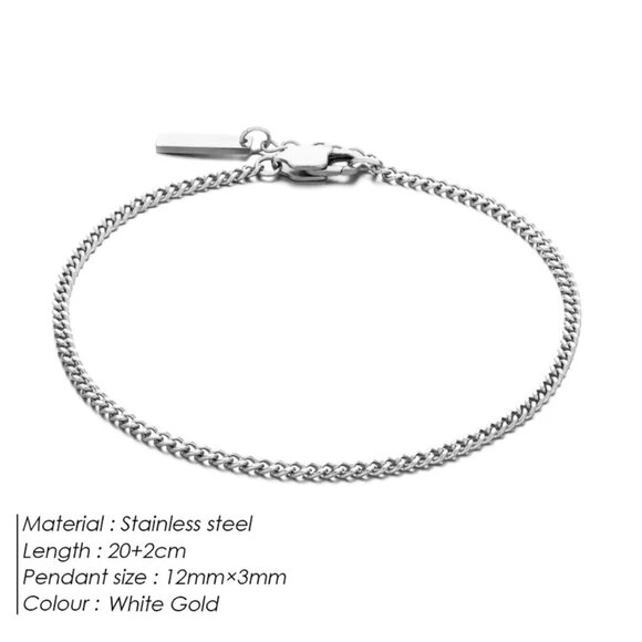 3/$35 Men Stainless Steel Tiny Cuban Link Curb Chain Bracelet White Gold Plated - Picture 4 of 6